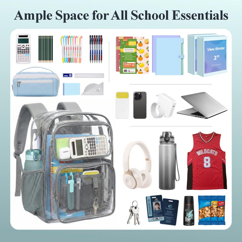 PACKISM Clear Backpack for School - 17 inch Large Heavy Duty Bookbag, Reinforced See Through PVC Transparent Backpack for Students Men Women, Battleship Grey (Age 12+) - Image 4