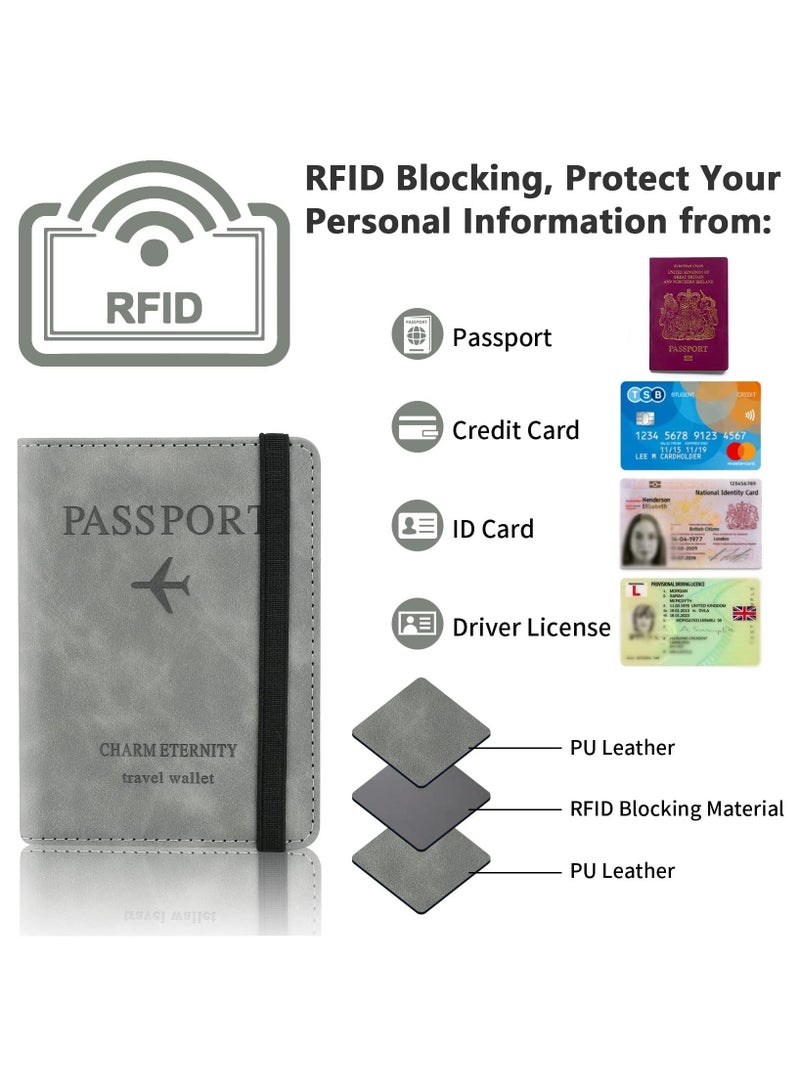 خاجول حافظة محفظة لحمل جواز السفر، حافظة جواز السفر مع حجب تقنية تحديد الهوية بموجات الراديو، حامل وثائق السفر من جلد البولي يوريثين للرجال والنساء، اكسسوارات السفر (رمادي) - Image 3