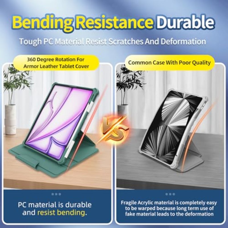 for iPad Air 13 inch Case M3/M2 2025/2024 with Pencil Holder Shoulder Strap, TPU+PC 360° Rotating Protective Cover, Auto Wake/Sleep, Green - Image 3