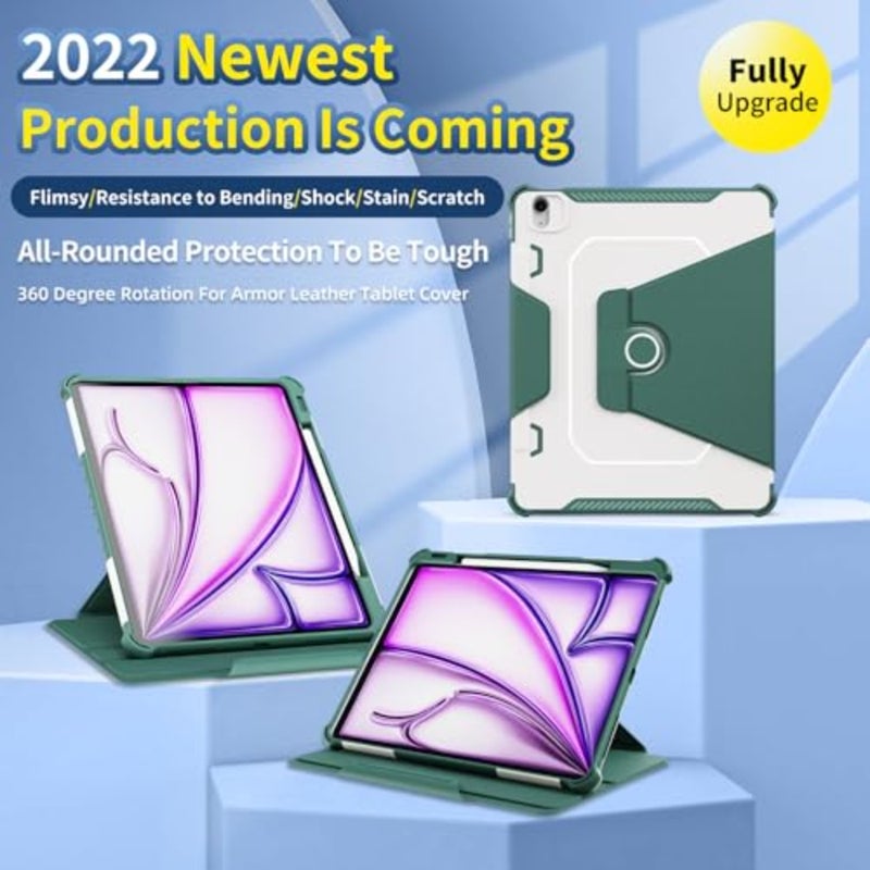 for iPad Air 13 inch Case M3/M2 2025/2024 with Pencil Holder Shoulder Strap, TPU+PC 360° Rotating Protective Cover, Auto Wake/Sleep, Green - Image 2