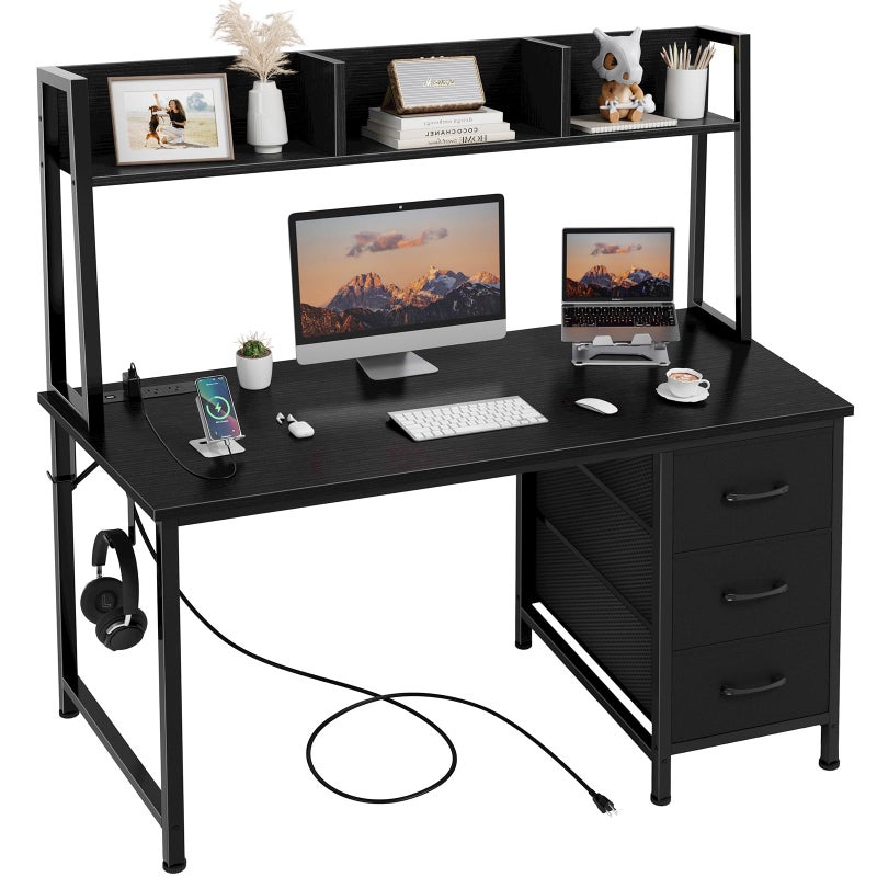 Black Computer Desk with Hutch  Drawers  Office Desk with 3 Storage Drawers and Power Outlets 47 Inch Modern Study Writing Desk for Bedroom Home Office