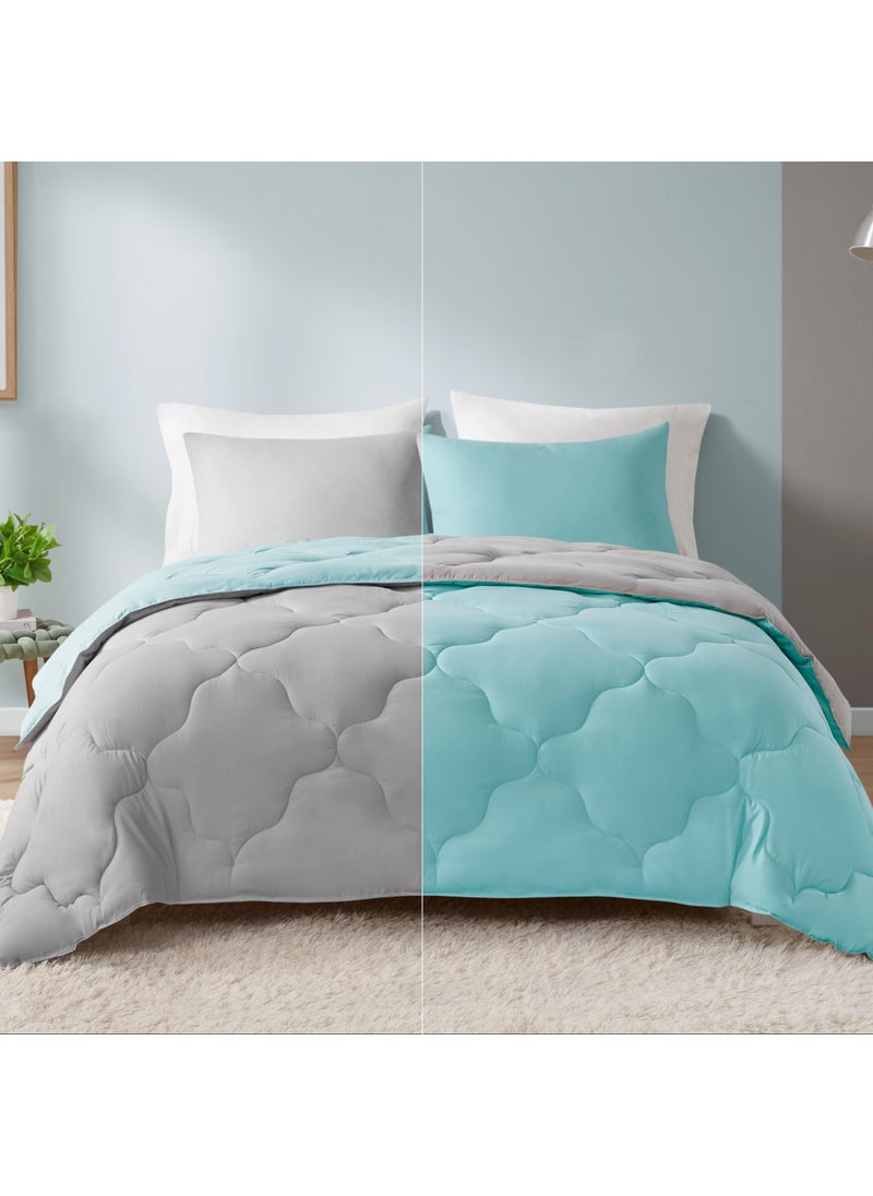 Comfort Spaces Comfort Spaces Vixie Reversible Comforter Set  Trendy Casual Geometric Quilted Cover All Season Down Alternative Cozy Bedding Matching Sham AquaGray FullQueen 3 piece 