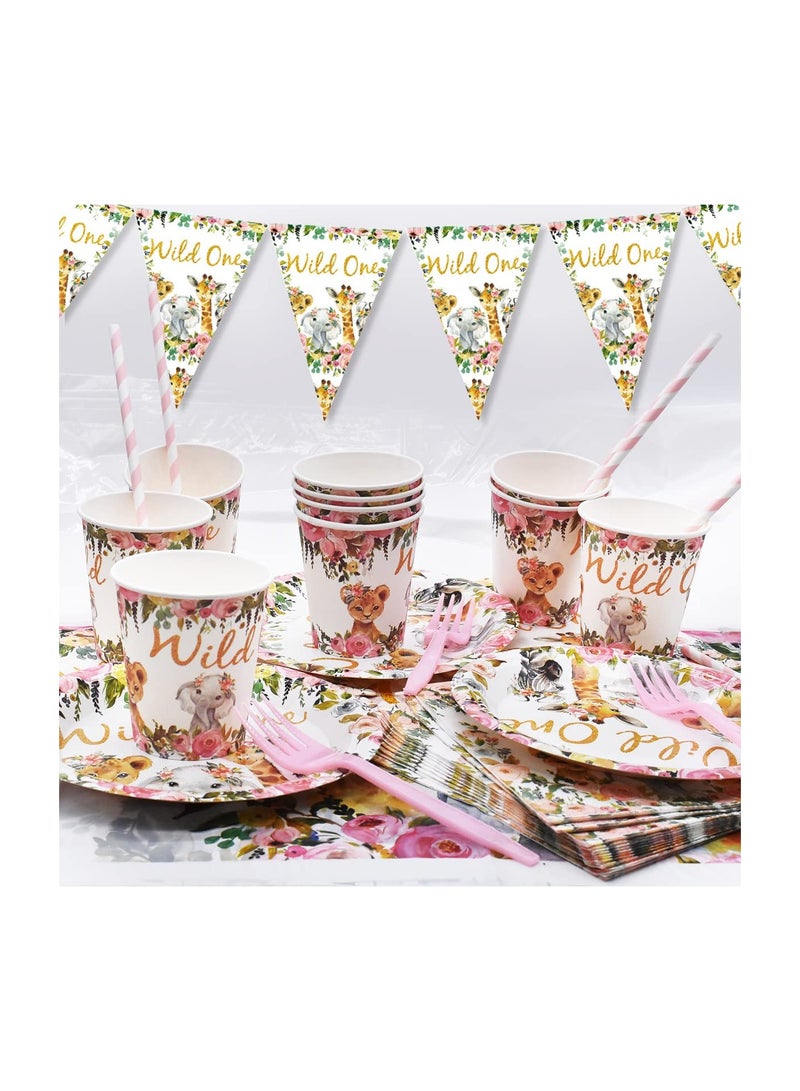 KASTWAVE Jungle Animal Party Supplies 63 PCS Wild One Party Reusable Tableware Plates Paper Cups Napkins Tablecloth Straws Pennants Forks Set for Girls Kids Birthday Baby Shower Dinner Dessert Party Supplies - Image 5