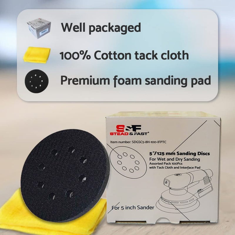 S&F STEAD & FAST 5 inch Wet Dry Sanding Discs Hook&Loop 100 pcs, 80 180 220 400 600 800 1000 1500 2000 3000 Grit Silicon Carbide Orbital Sander Sandpaper Assortment/Interface pad, Auto Wood Metal S&F STEAD & FAST - Image 5