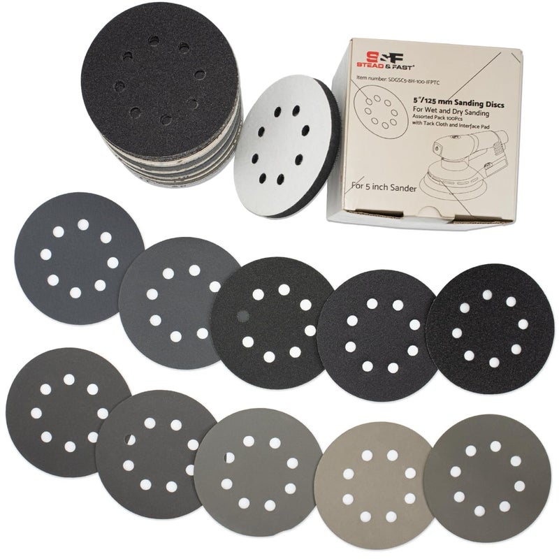 S&F STEAD & FAST 5 inch Wet Dry Sanding Discs Hook&Loop 100 pcs, 80 180 220 400 600 800 1000 1500 2000 3000 Grit Silicon Carbide Orbital Sander Sandpaper Assortment/Interface pad, Auto Wood Metal S&F STEAD & FAST - Image 1