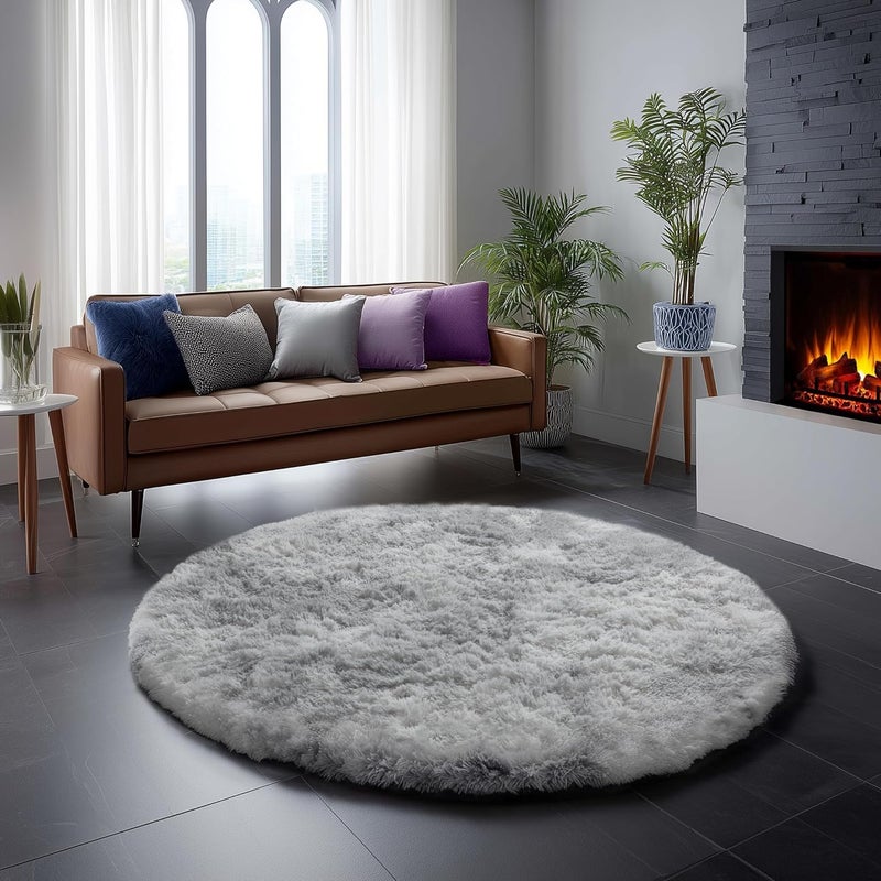Amdrebio Round Living Room Rug 245cm Extra Large Bedroom Rug Soft Fluffy Modern Shaggy Country Style Carpet for Apartment, Dyed Light Grey - Image 1