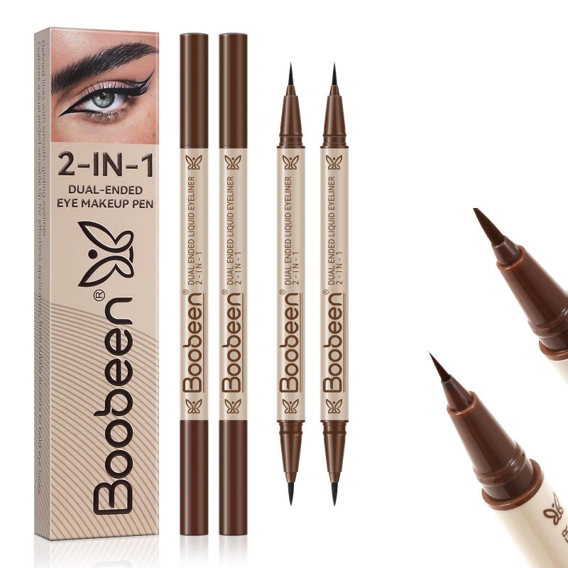 Boobeen 2pcs Liquid Eyelinerï¼ŒDual-Ended Eye Liner with Thick Tip and Precise Brush Tipï¼ŒWaterproof Black Liquid Liner Penï¼ŒMatte Finishï¼ŒAll Day Wearï¼ŒSmudge-proof,Brown - Image 1