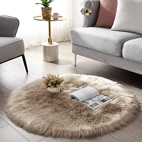 SERISSA Soft Round Faux Sheepskin Fur Area Rug Beige Circle Fluffy Rugs Circular Shaggy Rug Plush Circle Carpet Play Mats for Kids Girls Room Princess Castle Christmas, 5ft Diameter - Image 5
