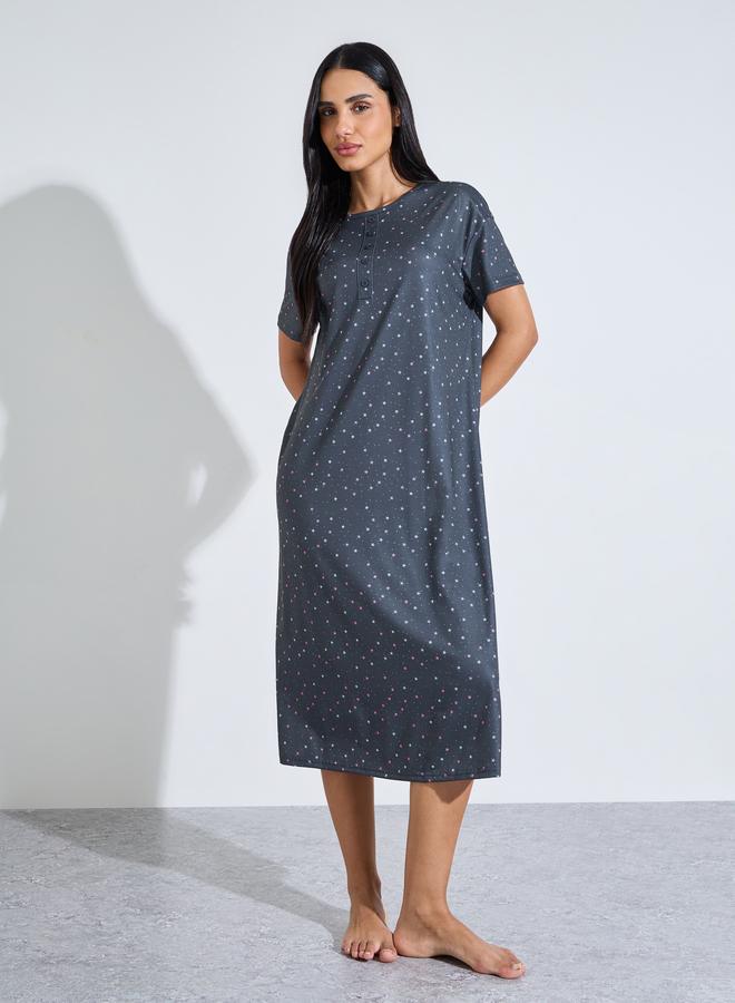 Styli Charcoal All Over Star Print Short Sleeve Sleep T-Shirt Nightdress - Image 1