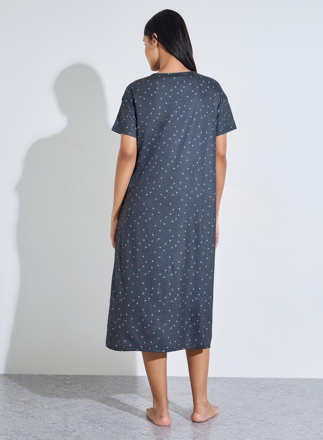 Styli Charcoal All Over Star Print Short Sleeve Sleep T-Shirt Nightdress - Image 4