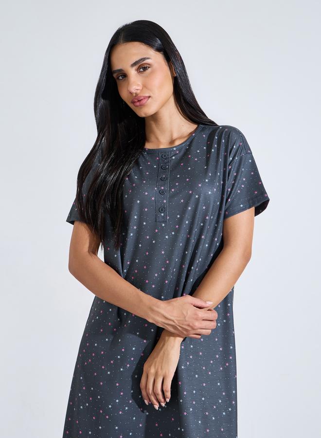 Styli Charcoal All Over Star Print Short Sleeve Sleep T-Shirt Nightdress - Image 2