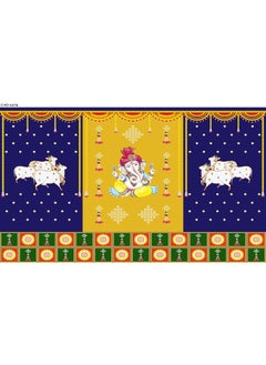 TENTINDIA TentIndia Blue Cow with Ganesh Ji Backdrop Curtain for Decoration Backdrop Cloth for Pooja Decoration Curtain for Pooja Festival Fabric Polyster Taiwan Fabric Size5 height and 8 width5 8  - Image 1