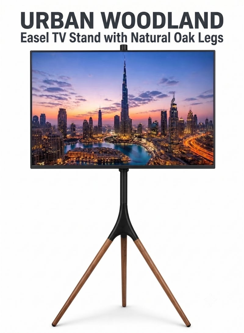 ZEESQUARE Modern Easel TV Stand Floor Mount with Natural Oak Wood Legs – Universal Tripod TV Stand for 32-65 Inch TVs, Height Adjustable Freestanding TV Mount with VESA Compatibility for Living Room, Office & Bedroom - Image 1