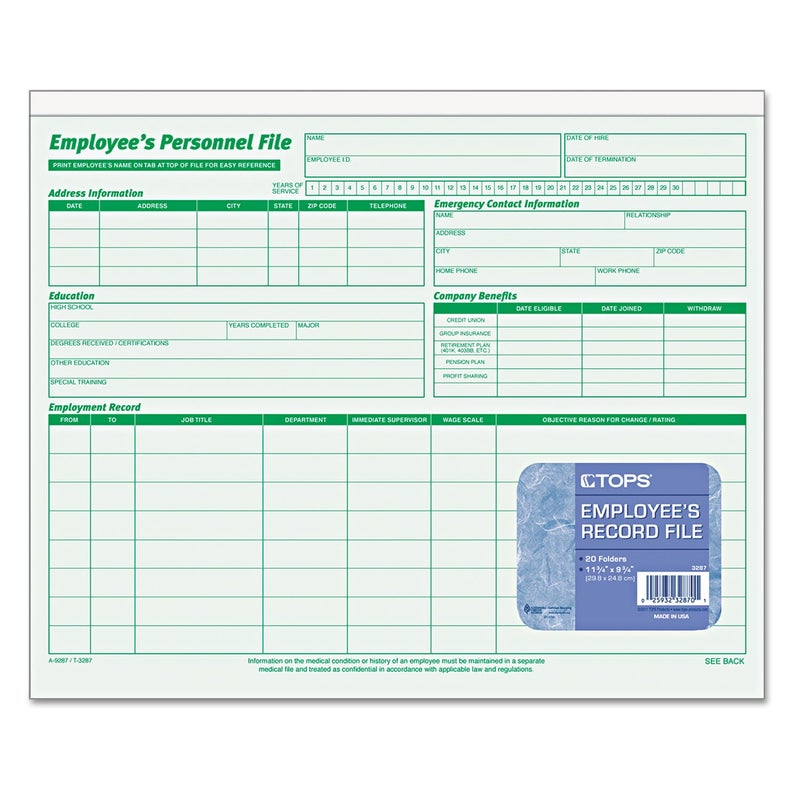 TOPS TOPS 3287 Employee Record File Folders, Straight Cut, Letter, 2-Sided, Green Ink (Pack of 20)  - Image 2