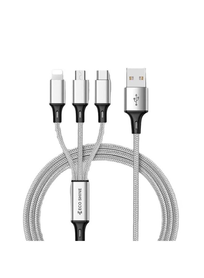 USB Type C Mobile Charging Cable 3 in 1 Fast Car Charging cable for Car with Multiple Charging Ports Length, Type C and USB A Connectors (Silver)