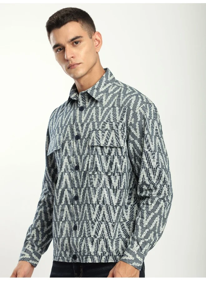 Beyoung Navy Chevron Printed Shacket