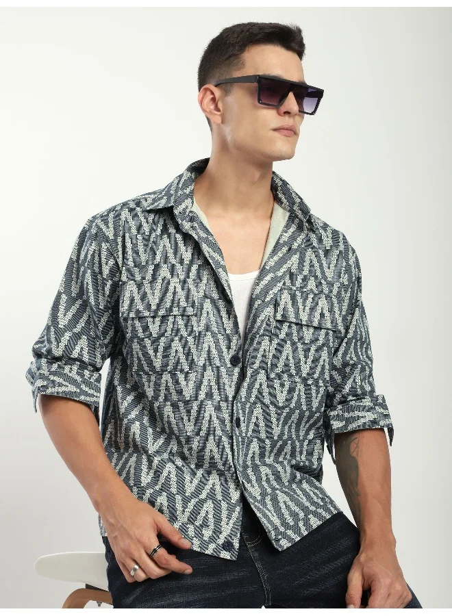 Beyoung Navy Chevron Printed Shacket