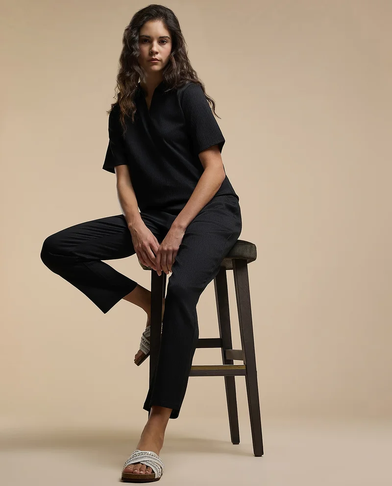 R&b Textured Straight Fit Pants With Drawstring Waist