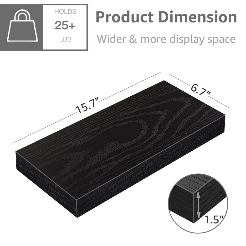 QEEIG Floating Shelves for Wall Bathroom Shelf Bedroom Kitchen Living Room Hanging Book Shelves Small Farmhouse Decor 16 inch Set of 3, Black (015-B3) - Image 3