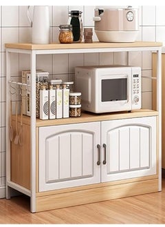 AGD Kitchen Storage Cabinet, 3 Layers, with Side Hooks, Floor Standing Coffee Corner Cabinet, Metal Organization Cabinets, Microwave Oven Holder for Spices, Pots and Pans. white  - Image 1