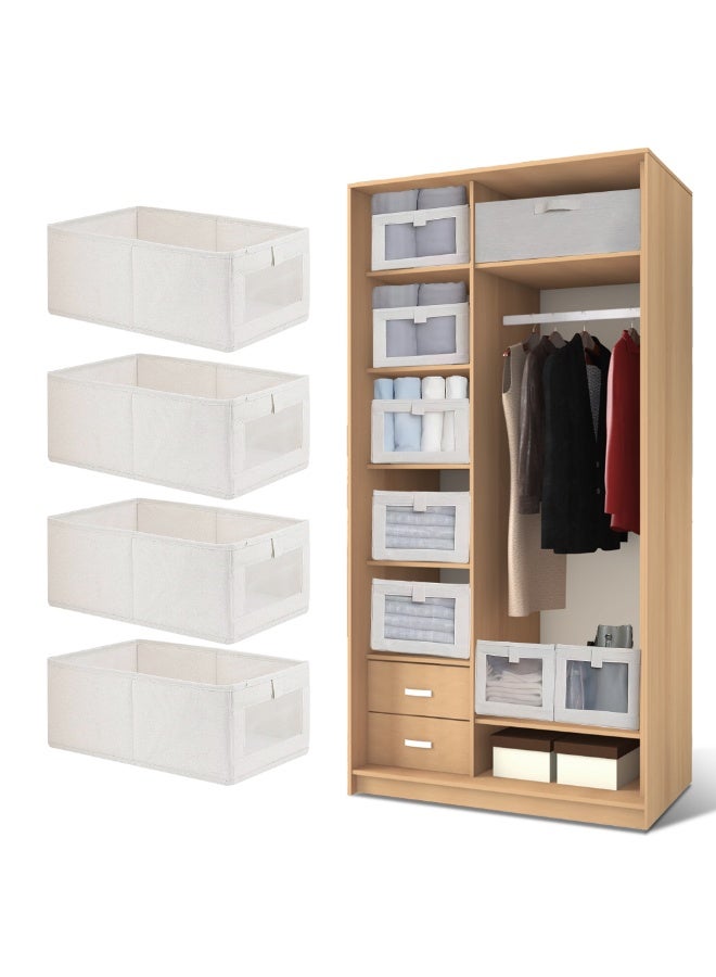 4 Pieces Foldable Fabric Clothing Storage Box with Steel Frame | Modern Wardrobe Organizer Closet Organizer for Sweaters & Pants | Stackable, Lidless, Toy Organizer Box Cube Storage Bin Clothes Organizer for Clothes with Transparent Front Window for Closet & Home Storage