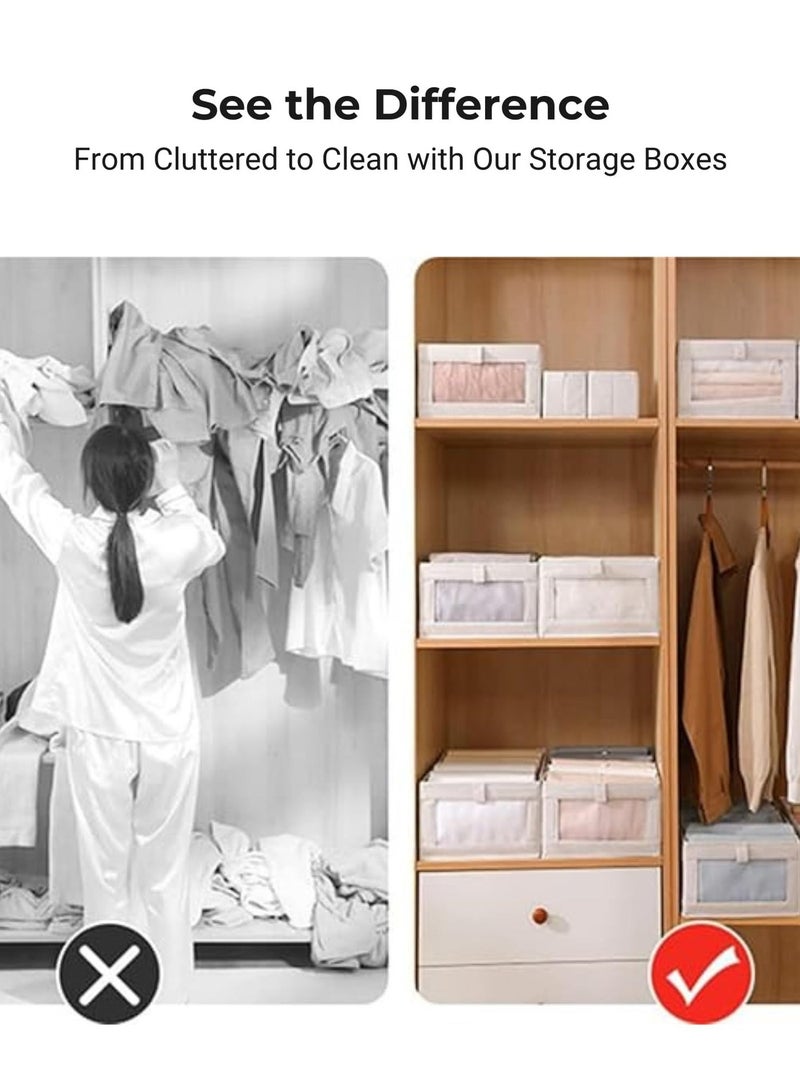 سيمارا صندوق تخزين الملابس القماشي القابل للطي 4 قطع بإطار فولاذي | منظم خزانة الملابس الحديث منظم الخزانة للسترات والسراويل | صندوق تنظيم الألعاب، قابل للتكديس، بدون غطاء، صندوق تخزين مكعب، منظم الملابس للملابس مع نافذة أمامية شفافة لتخزين الخزانة والمنزل - Image 5