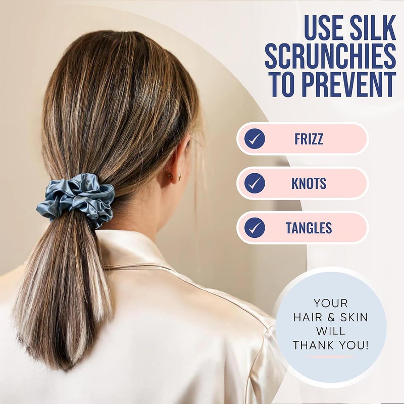 BLISSY Silk Scrunchies (3 Pack) - 100% Pure Mulberry Silk - 22 Momme 6A High-Grade Fibers Scrunchie for Straight & Curly Hair (Ash Blue Skinny) - Image 4