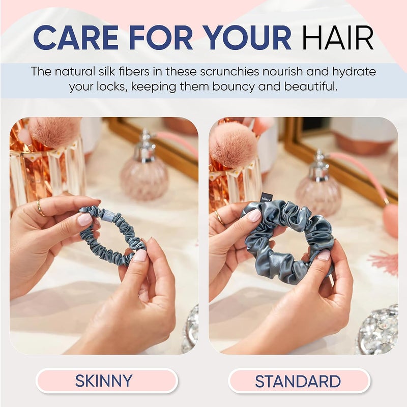 BLISSY Silk Scrunchies (3 Pack) - 100% Pure Mulberry Silk - 22 Momme 6A High-Grade Fibers Scrunchie for Straight & Curly Hair (Ash Blue Skinny) - Image 2