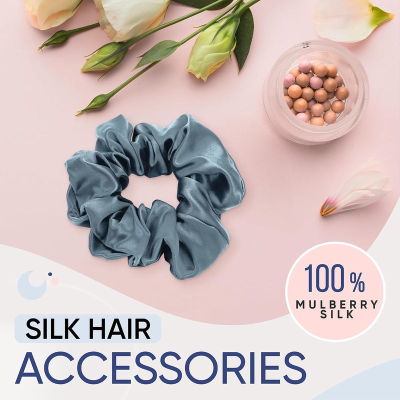 BLISSY Silk Scrunchies (3 Pack) - 100% Pure Mulberry Silk - 22 Momme 6A High-Grade Fibers Scrunchie for Straight & Curly Hair (Ash Blue Skinny) - Image 3