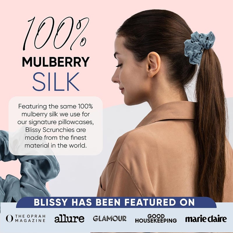 BLISSY Silk Scrunchies (3 Pack) - 100% Pure Mulberry Silk - 22 Momme 6A High-Grade Fibers Scrunchie for Straight & Curly Hair (Ash Blue Skinny) - Image 5