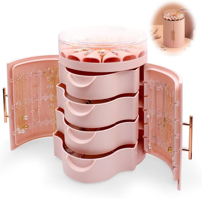 صندوق منظم المجوهرات، عرض الإكسسوارات الصغيرة، هدية عيد ميلاد للفتيات، منظم سطح المكتب والحمام، صندوق تخزين الأقراط والخواتم والقلائد (وردي) - Image 1