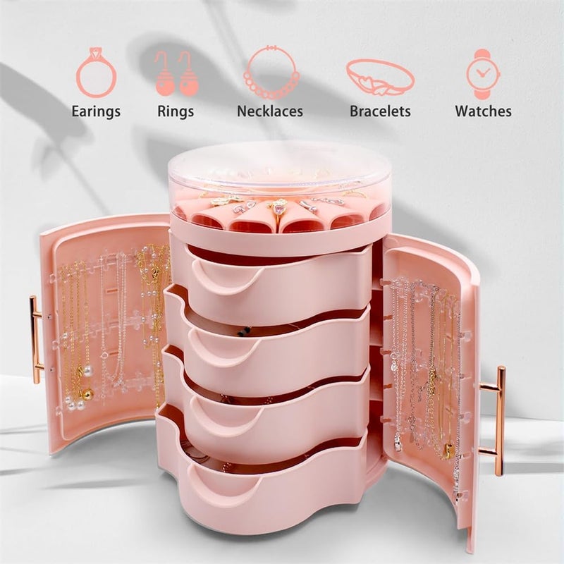 صندوق منظم المجوهرات، عرض الإكسسوارات الصغيرة، هدية عيد ميلاد للفتيات، منظم سطح المكتب والحمام، صندوق تخزين الأقراط والخواتم والقلائد (وردي) - Image 3