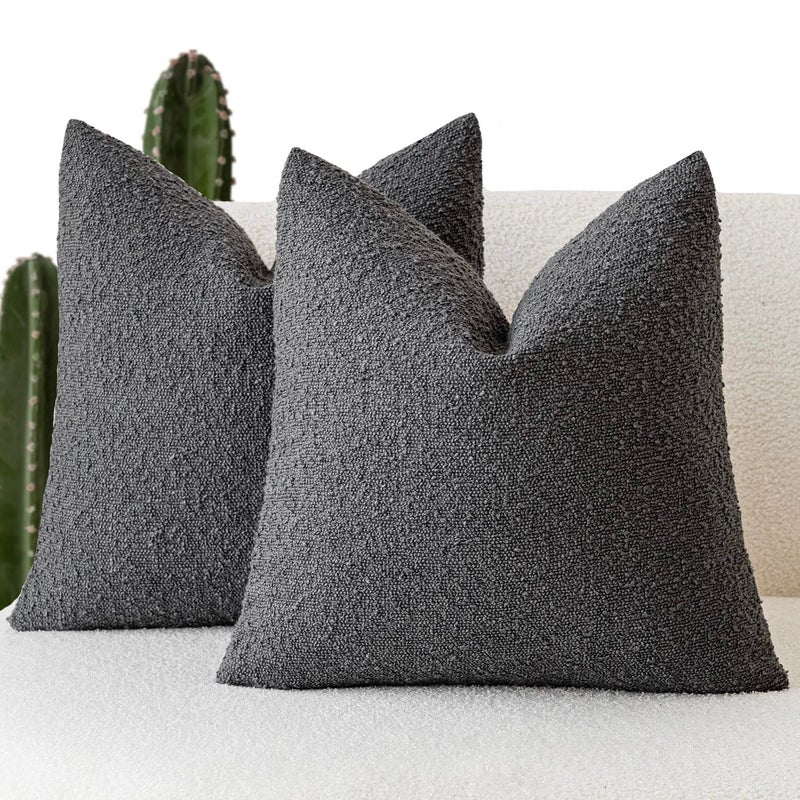 Foindtower Set of 2, Decorative Textured Boucle Throw Pillow Covers Accent Solid Pillow Cases Neutral Soft Cozy Couch Cushion Case for Chair Sofa Bedroom Living Room Home Decor 26 x 26 Inch Dark Grey - Image 1