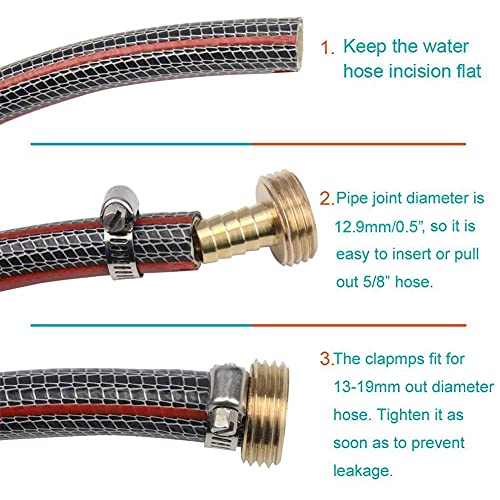 Gardeningwill 3Sets Brass 1/2" Garden Heavy Duty Hose Mender Repair End Replacement Male Female Connector with Stainless Clamp - Image 4