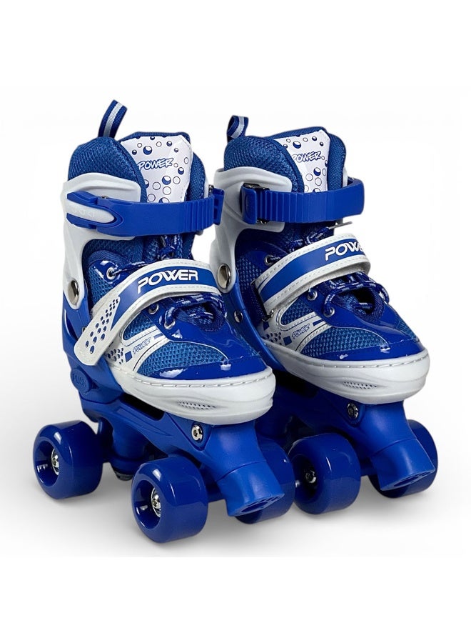 البدر حذاء تزلج رباعي البدر قابل للتعديل للأطفال والمراهقين والكبار، مزود بـ4 عجلات ثابتة وفرامل أمامية لثبات وتحكم أفضل، أربطة وأبازيم أمان محكمة، بطانة داخلية مريحة، هيكل قوي متين، تصميم رياضي مناسب للمبتدئين والمحترفين - أزرق - Image 1