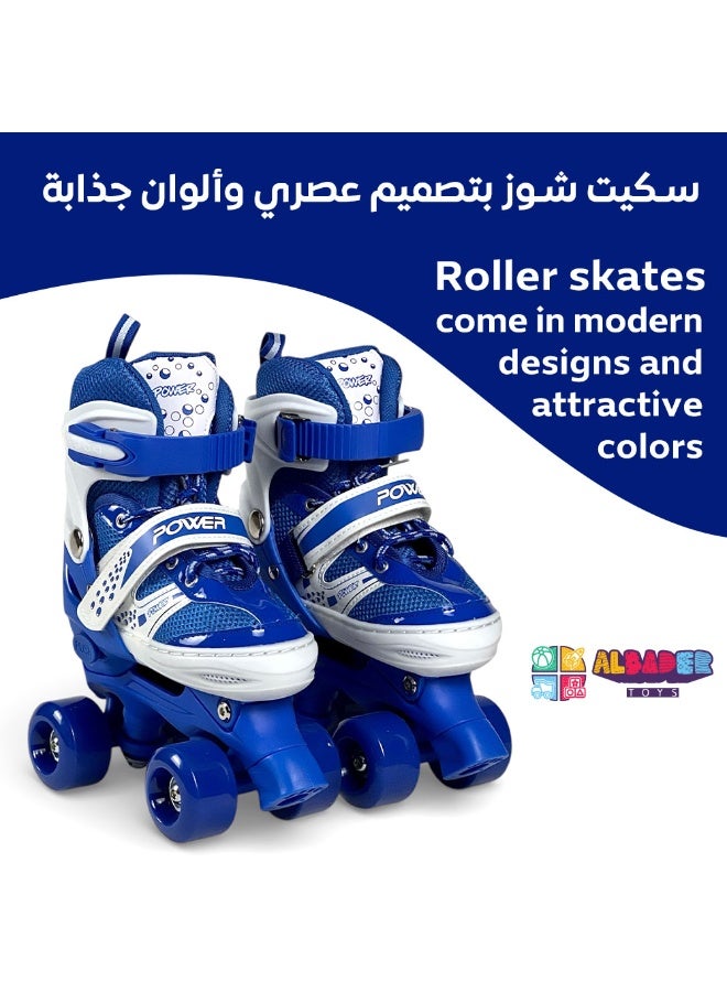 البدر حذاء تزلج رباعي البدر قابل للتعديل للأطفال والمراهقين والكبار، مزود بـ4 عجلات ثابتة وفرامل أمامية لثبات وتحكم أفضل، أربطة وأبازيم أمان محكمة، بطانة داخلية مريحة، هيكل قوي متين، تصميم رياضي مناسب للمبتدئين والمحترفين - أزرق - Image 2