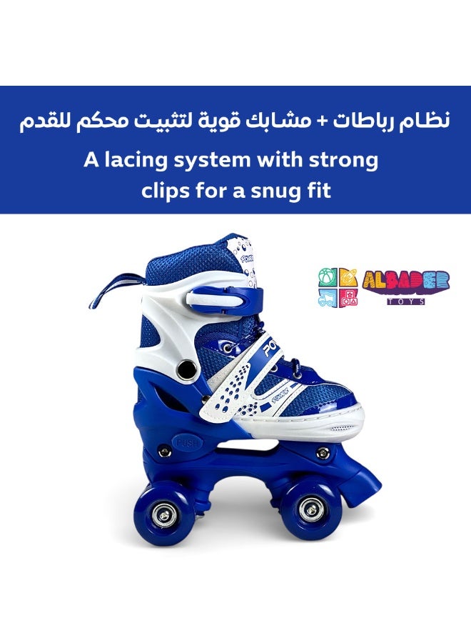 البدر حذاء تزلج رباعي البدر قابل للتعديل للأطفال والمراهقين والكبار، مزود بـ4 عجلات ثابتة وفرامل أمامية لثبات وتحكم أفضل، أربطة وأبازيم أمان محكمة، بطانة داخلية مريحة، هيكل قوي متين، تصميم رياضي مناسب للمبتدئين والمحترفين - أزرق - Image 4