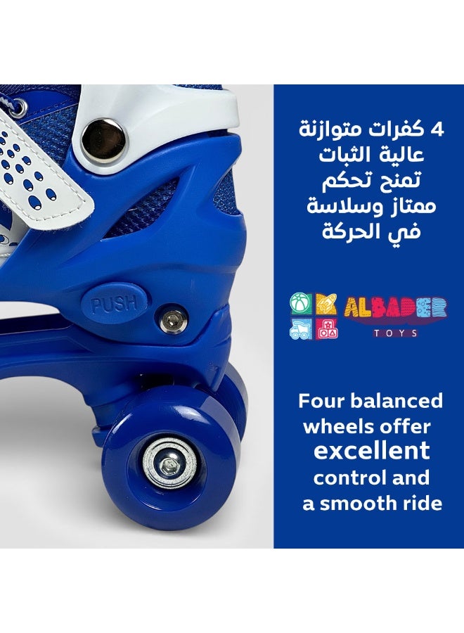 البدر حذاء تزلج رباعي البدر قابل للتعديل للأطفال والمراهقين والكبار، مزود بـ4 عجلات ثابتة وفرامل أمامية لثبات وتحكم أفضل، أربطة وأبازيم أمان محكمة، بطانة داخلية مريحة، هيكل قوي متين، تصميم رياضي مناسب للمبتدئين والمحترفين - أزرق - Image 5