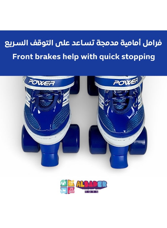 البدر حذاء تزلج رباعي البدر قابل للتعديل للأطفال والمراهقين والكبار، مزود بـ4 عجلات ثابتة وفرامل أمامية لثبات وتحكم أفضل، أربطة وأبازيم أمان محكمة، بطانة داخلية مريحة، هيكل قوي متين، تصميم رياضي مناسب للمبتدئين والمحترفين - أزرق - Image 3