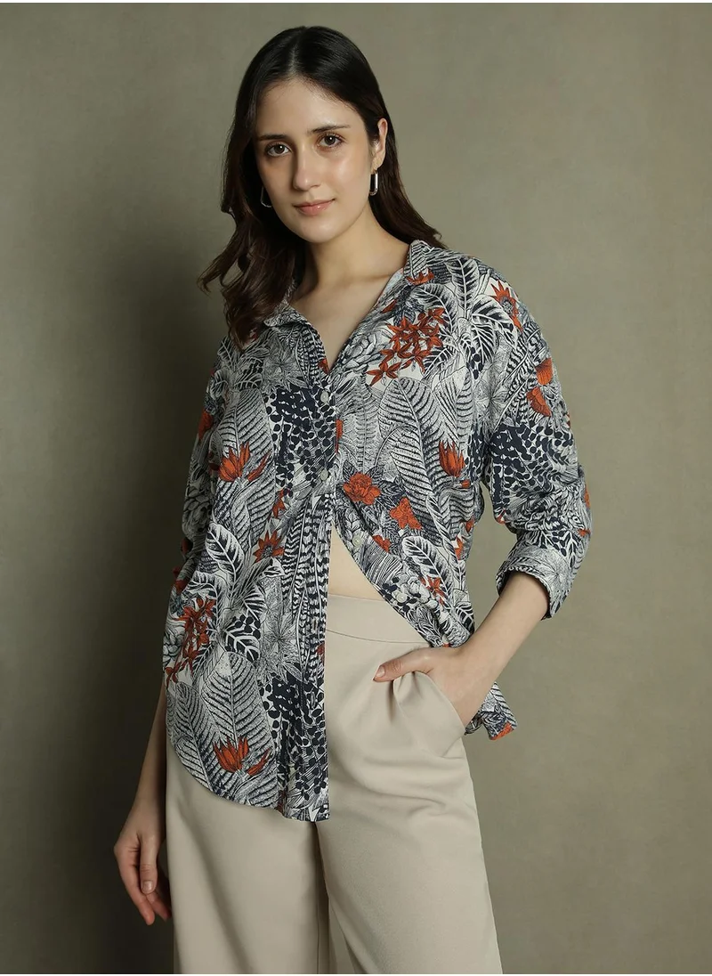 Dennis Lingo Women's Black Rayon Printed Oversized Shirt