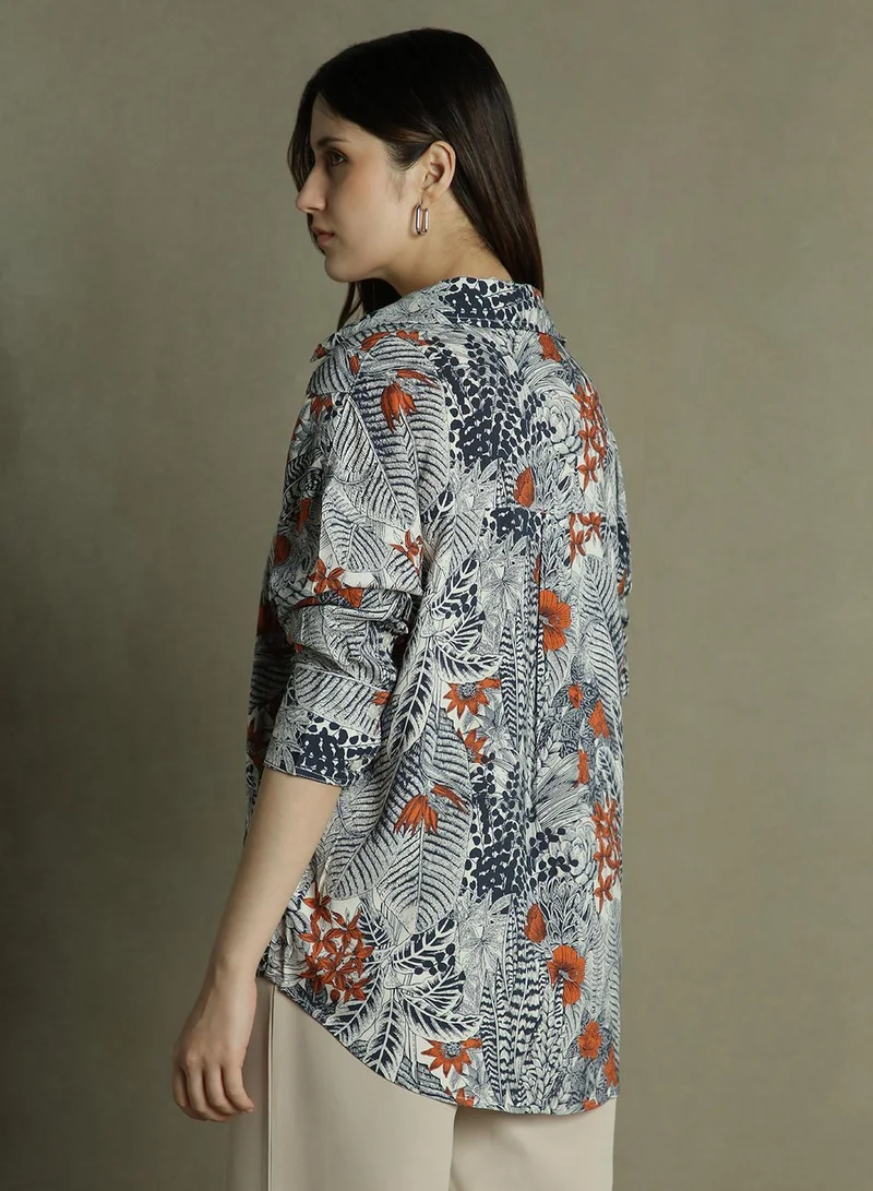 Dennis Lingo Women's Black Rayon Printed Oversized Shirt