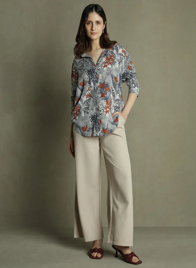 Dennis Lingo Women's Black Rayon Printed Oversized Shirt