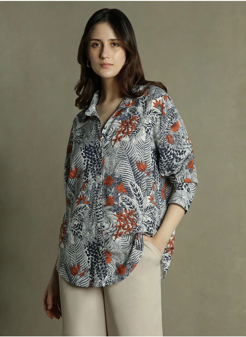 Dennis Lingo Women's Black Rayon Printed Oversized Shirt