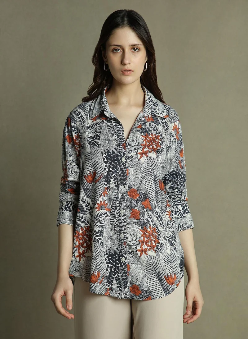Dennis Lingo Women's Black Rayon Printed Oversized Shirt