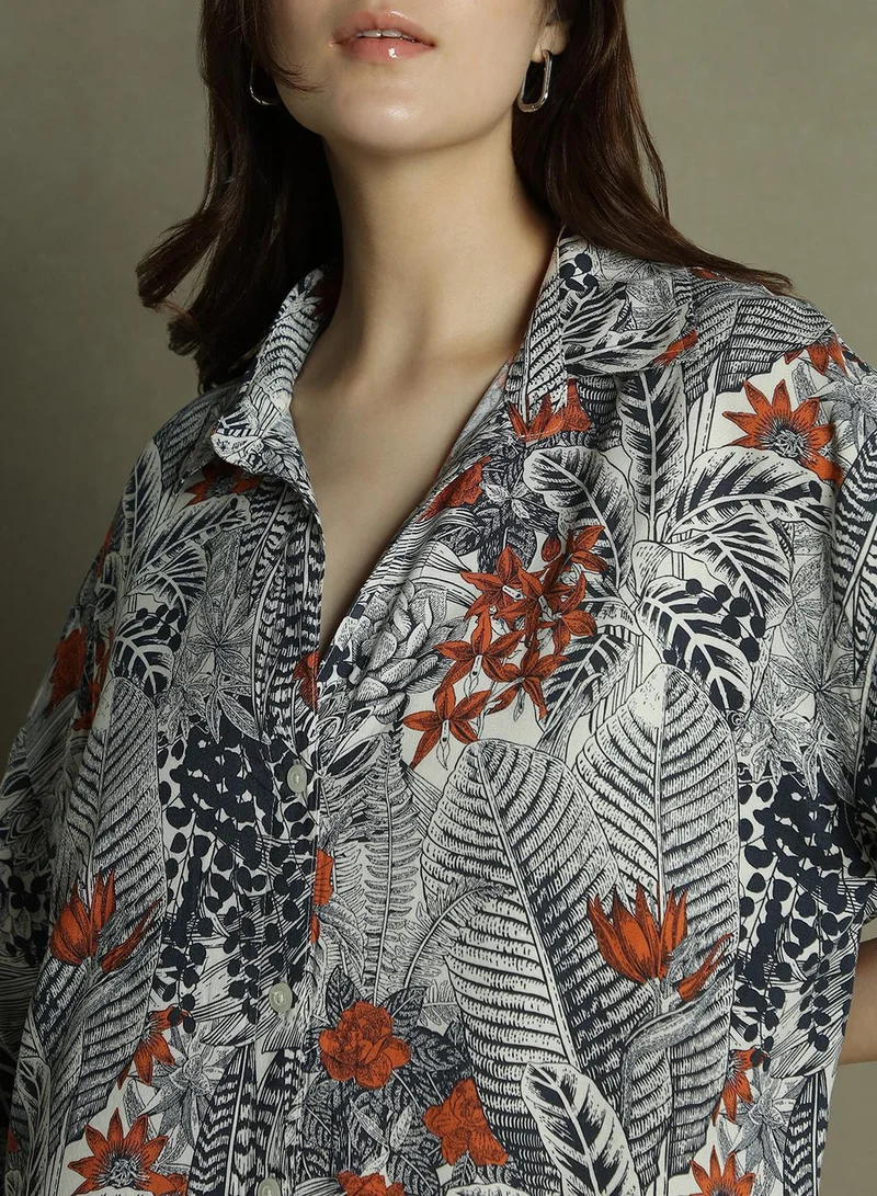 Dennis Lingo Women's Black Rayon Printed Oversized Shirt