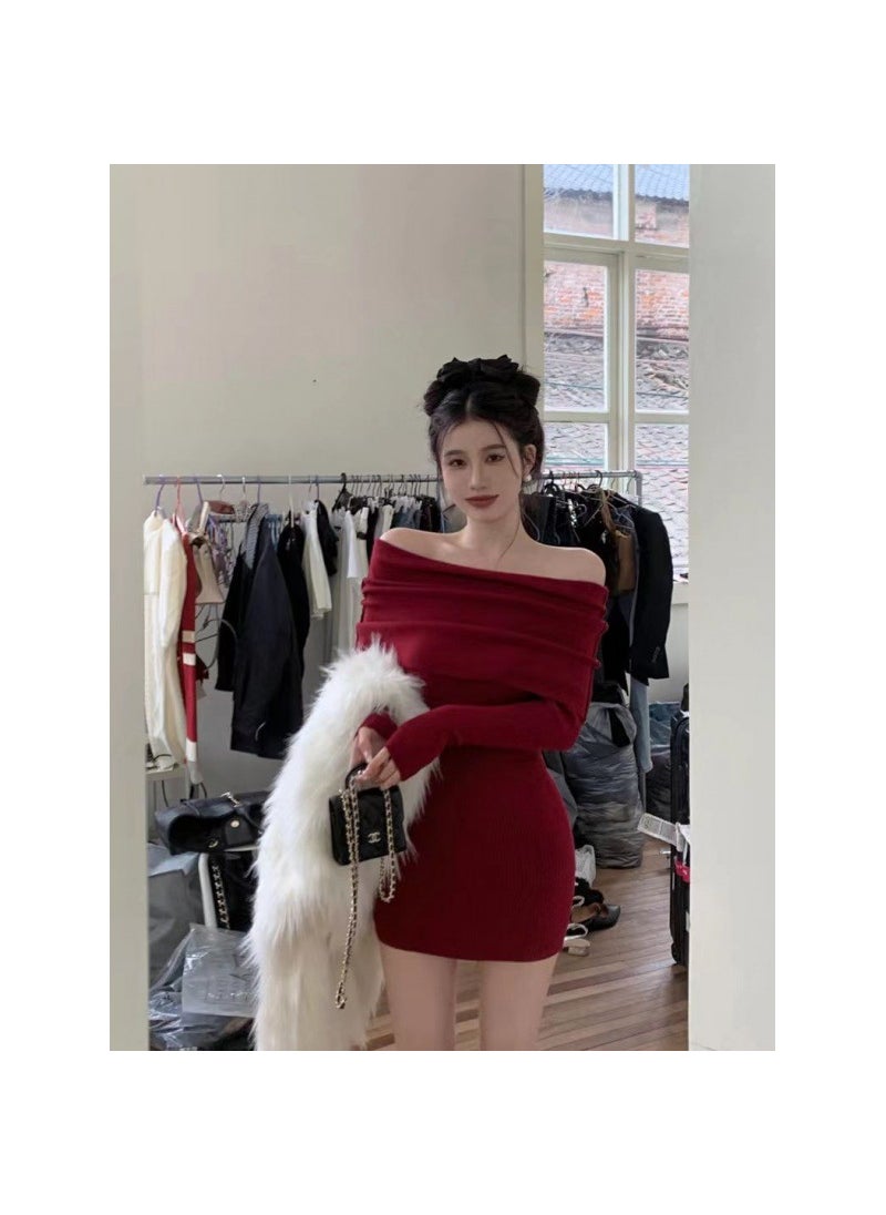 Generic - Red Knitted Long Sleeve One Shoulder Dress Womens Slim Fit Bodycon Skirt Wrap around Midriff Baring Street Style Dress Black - Image 1