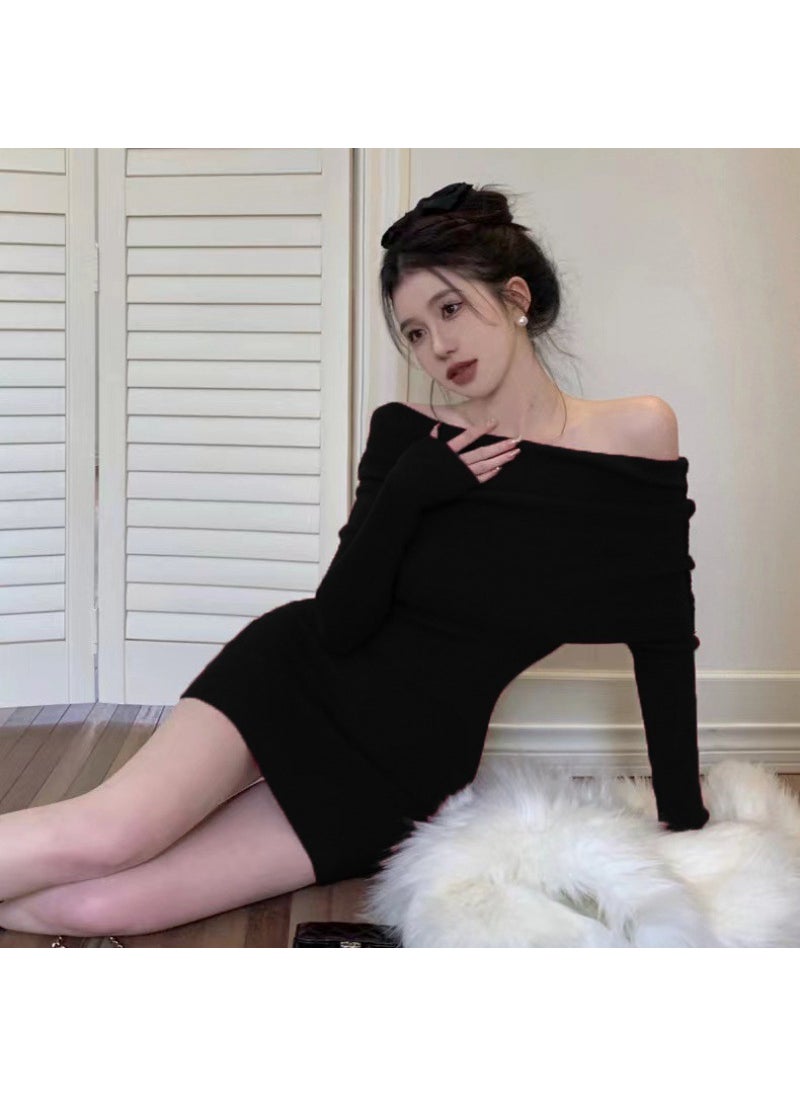 Generic - Red Knitted Long Sleeve One Shoulder Dress Womens Slim Fit Bodycon Skirt Wrap around Midriff Baring Street Style Dress Black - Image 1