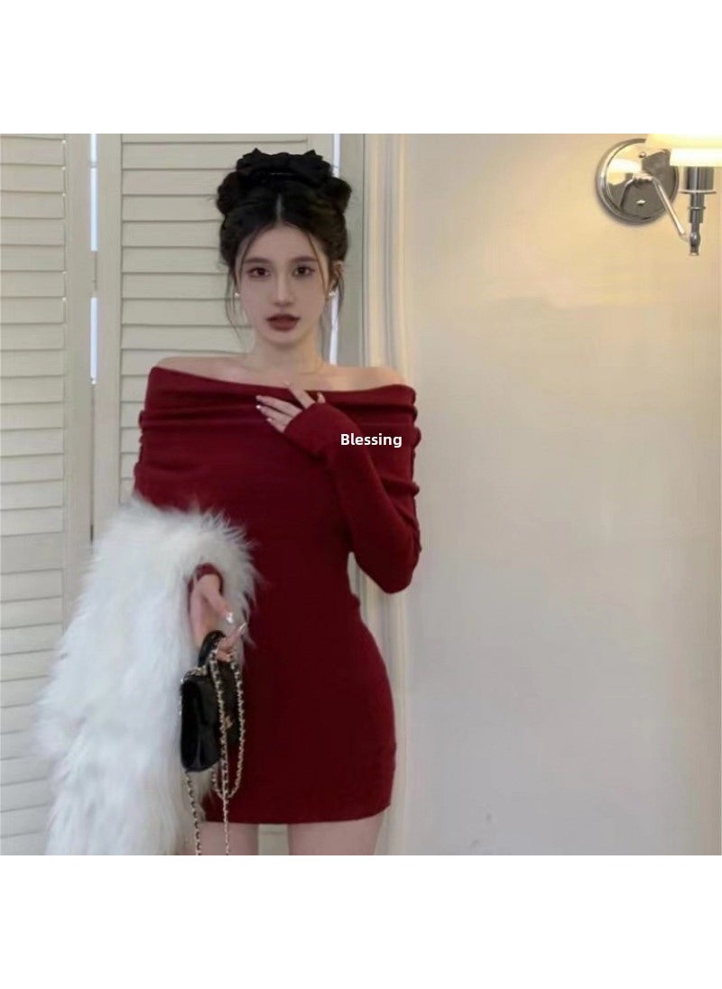 Generic - Red Knitted Long Sleeve One Shoulder Dress Womens Slim Fit Bodycon Skirt Wrap around Midriff Baring Street Style Dress Black - Image 1