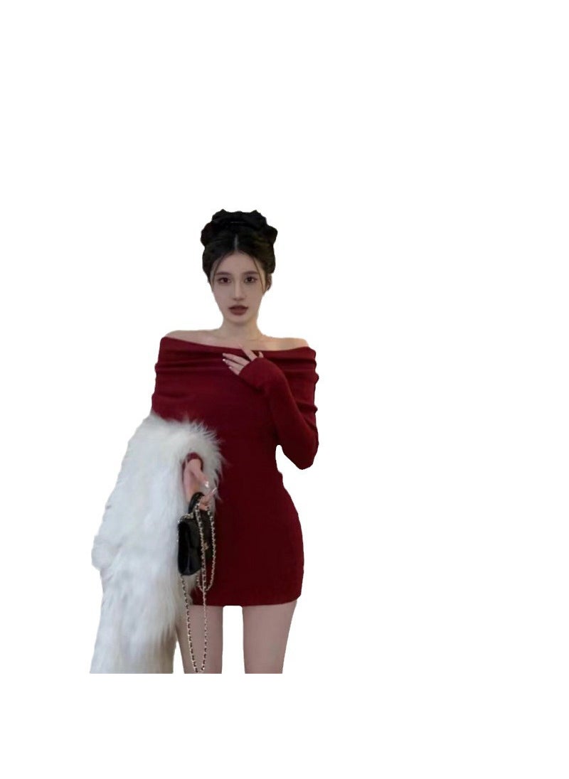 Generic - Red Knitted Long Sleeve One Shoulder Dress Womens Slim Fit Bodycon Skirt Wrap around Midriff Baring Street Style Dress Black - Image 1