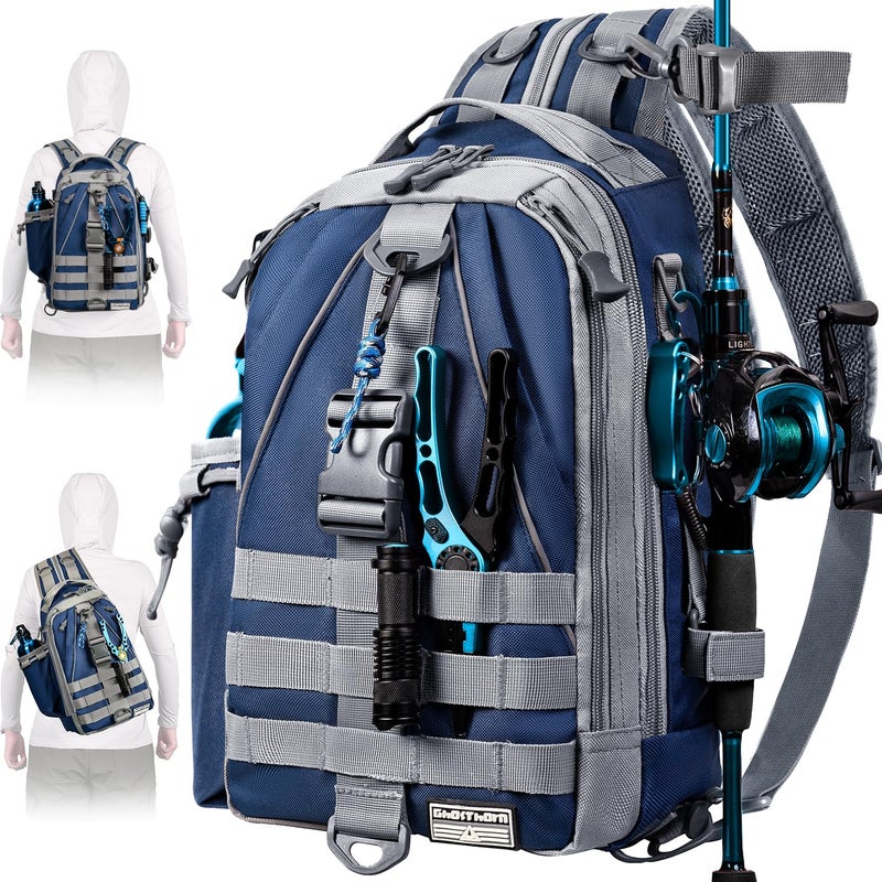 Ghosthorn Fishing Backpack Tackle Sling BagBackpack with Rod Holder Lightweight Tackle Box Fly Fishing Gifts for Men Women Blue - Image 2